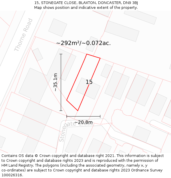 15, STONEGATE CLOSE, BLAXTON, DONCASTER, DN9 3BJ: Plot and title map