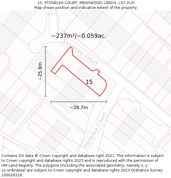 15, STONELEA COURT, MEANWOOD, LEEDS, LS7 2UH: Plot and title map