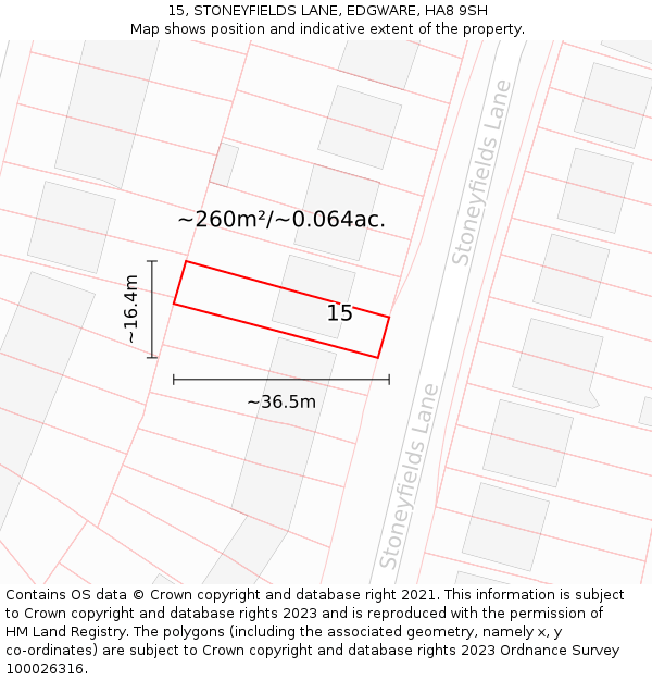 15, STONEYFIELDS LANE, EDGWARE, HA8 9SH: Plot and title map