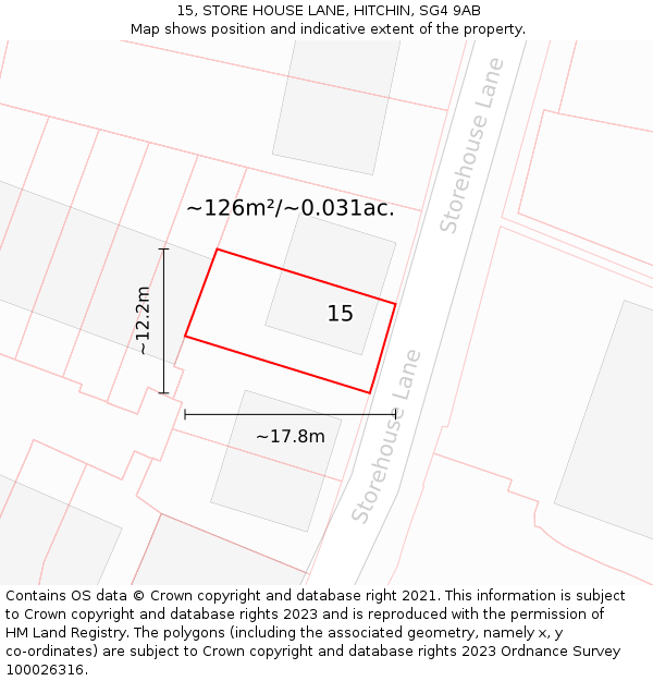15, STORE HOUSE LANE, HITCHIN, SG4 9AB: Plot and title map