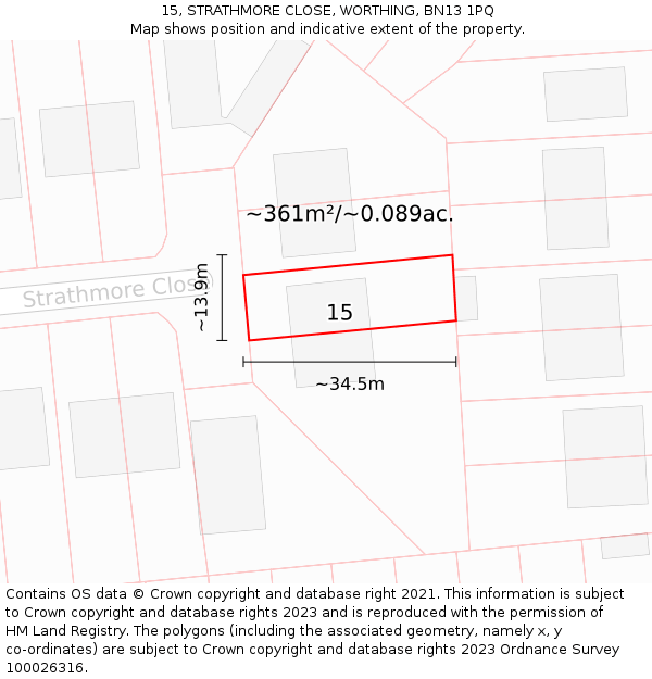 15, STRATHMORE CLOSE, WORTHING, BN13 1PQ: Plot and title map