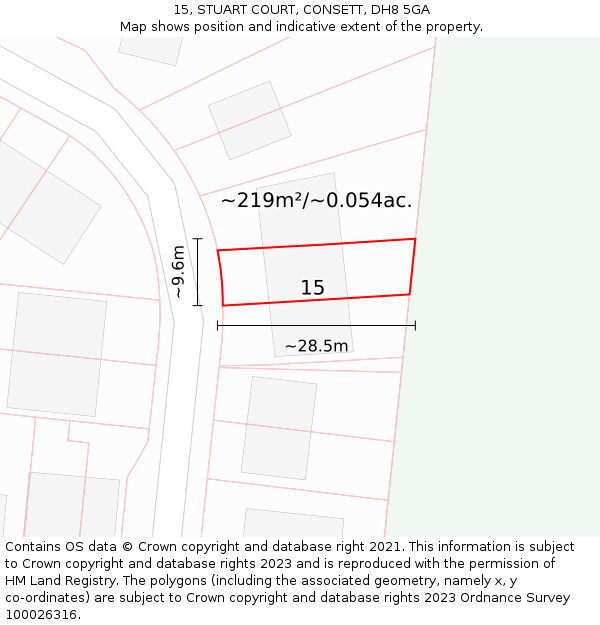 15, STUART COURT, CONSETT, DH8 5GA: Plot and title map