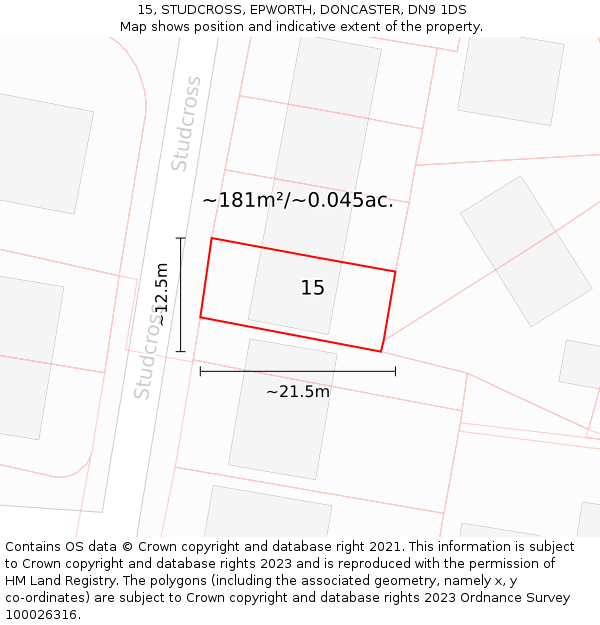 15, STUDCROSS, EPWORTH, DONCASTER, DN9 1DS: Plot and title map