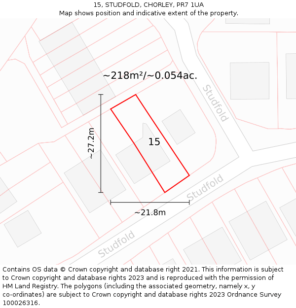 15, STUDFOLD, CHORLEY, PR7 1UA: Plot and title map