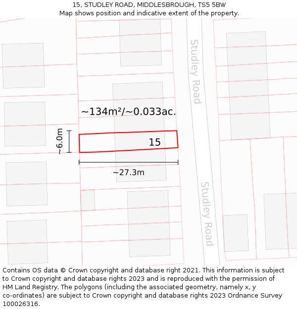15, STUDLEY ROAD, MIDDLESBROUGH, TS5 5BW: Plot and title map