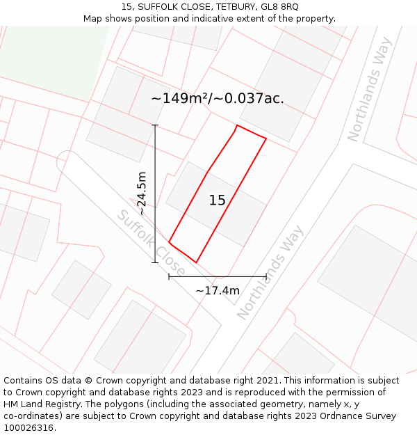 15, SUFFOLK CLOSE, TETBURY, GL8 8RQ: Plot and title map