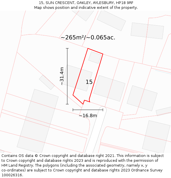 15, SUN CRESCENT, OAKLEY, AYLESBURY, HP18 9RF: Plot and title map