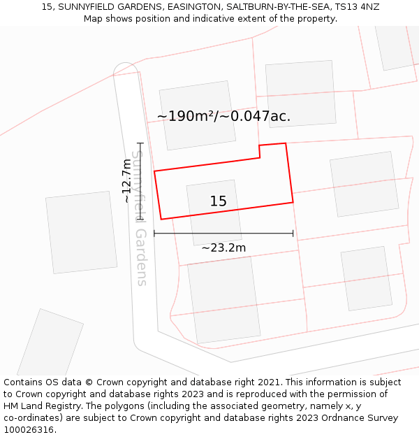 15, SUNNYFIELD GARDENS, EASINGTON, SALTBURN-BY-THE-SEA, TS13 4NZ: Plot and title map
