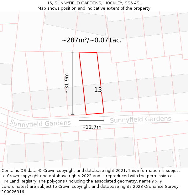 15, SUNNYFIELD GARDENS, HOCKLEY, SS5 4SL: Plot and title map