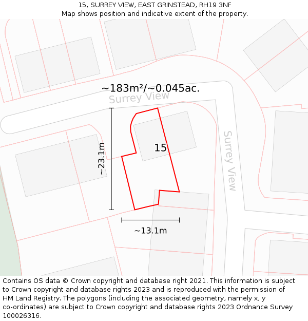 15, SURREY VIEW, EAST GRINSTEAD, RH19 3NF: Plot and title map