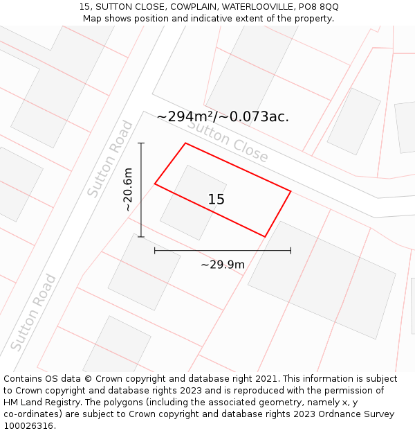 15, SUTTON CLOSE, COWPLAIN, WATERLOOVILLE, PO8 8QQ: Plot and title map
