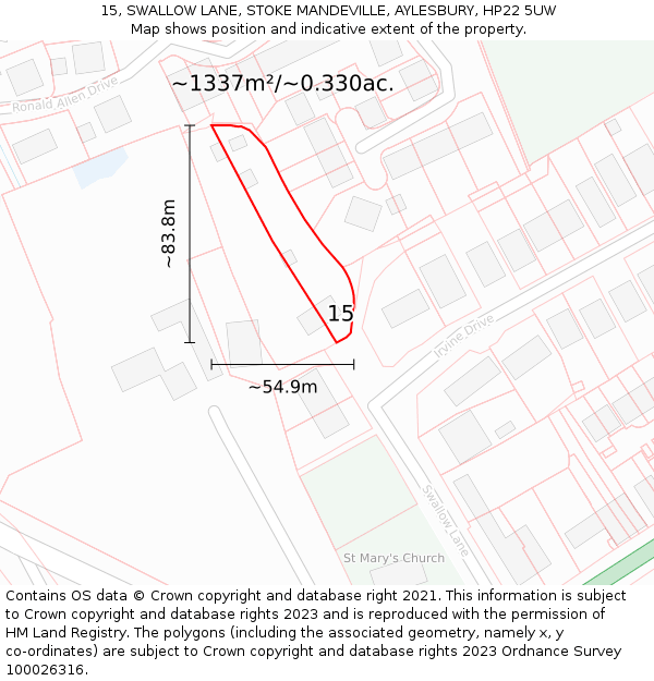 15, SWALLOW LANE, STOKE MANDEVILLE, AYLESBURY, HP22 5UW: Plot and title map