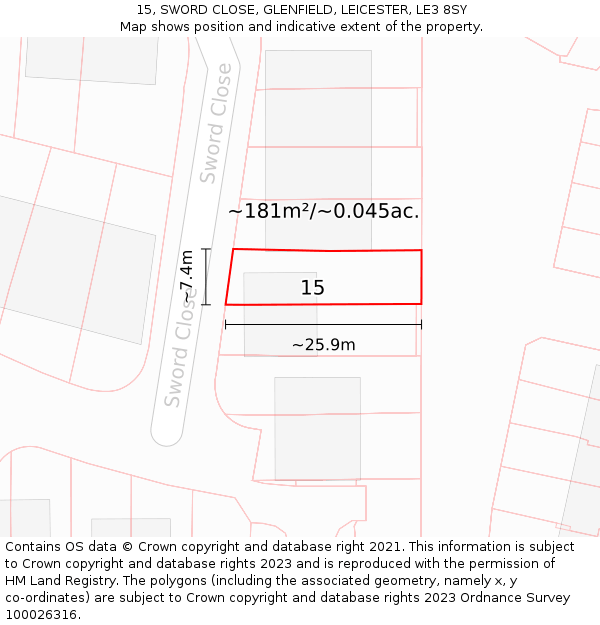 15, SWORD CLOSE, GLENFIELD, LEICESTER, LE3 8SY: Plot and title map