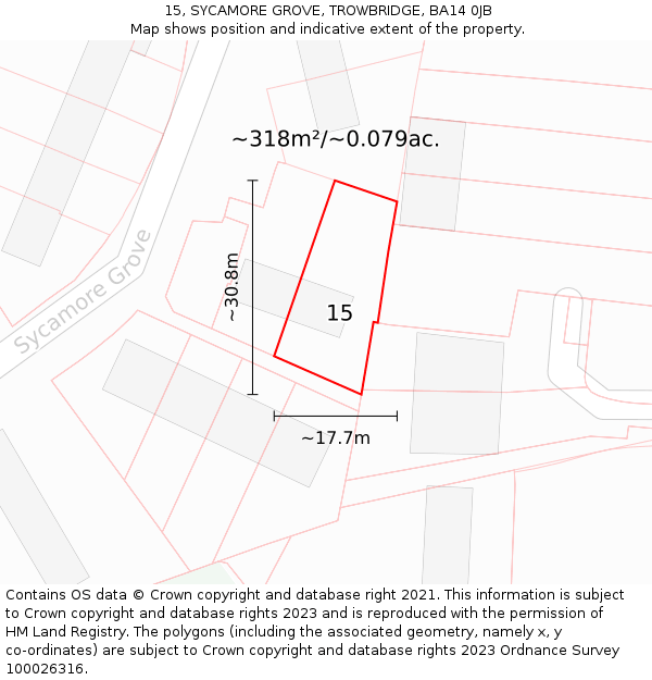 15, SYCAMORE GROVE, TROWBRIDGE, BA14 0JB: Plot and title map