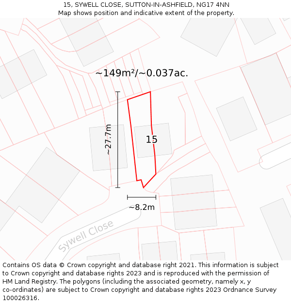 15, SYWELL CLOSE, SUTTON-IN-ASHFIELD, NG17 4NN: Plot and title map