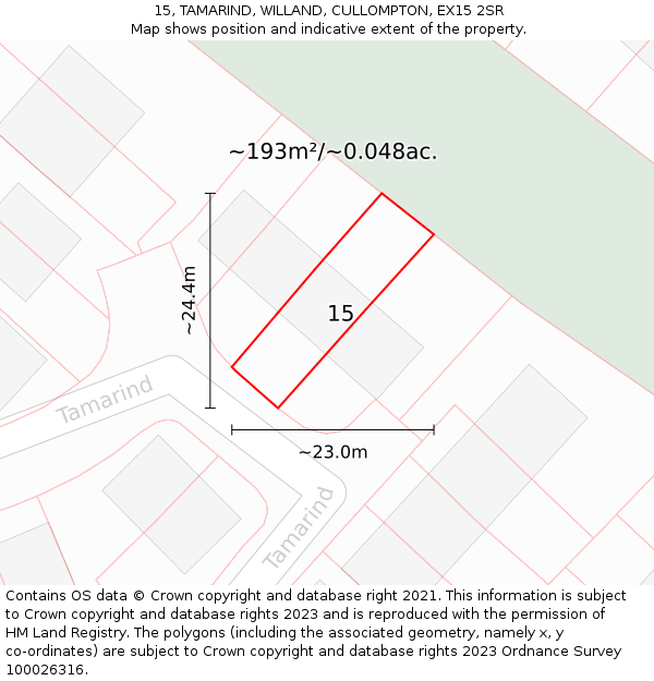 15, TAMARIND, WILLAND, CULLOMPTON, EX15 2SR: Plot and title map