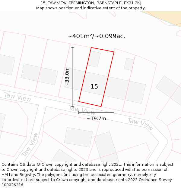 15, TAW VIEW, FREMINGTON, BARNSTAPLE, EX31 2NJ: Plot and title map