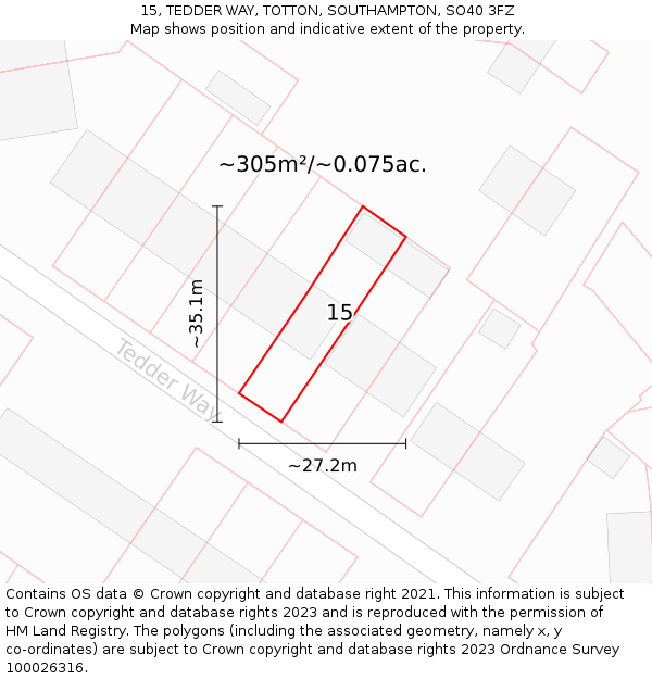 15, TEDDER WAY, TOTTON, SOUTHAMPTON, SO40 3FZ: Plot and title map