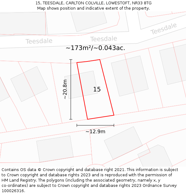 15, TEESDALE, CARLTON COLVILLE, LOWESTOFT, NR33 8TG: Plot and title map