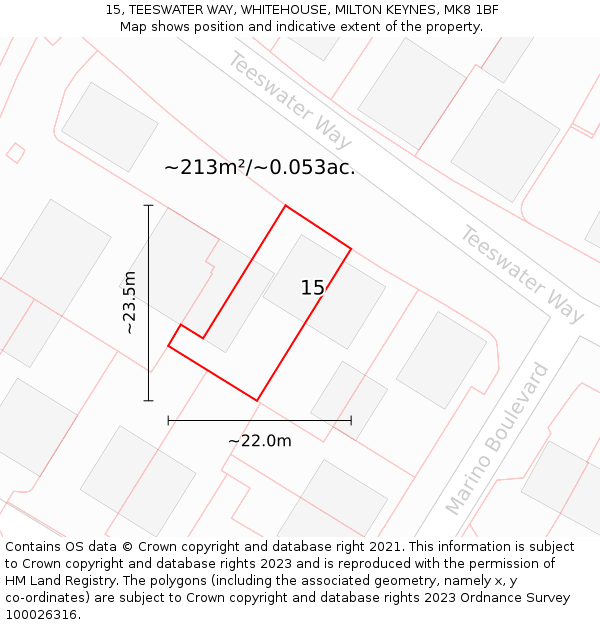 15, TEESWATER WAY, WHITEHOUSE, MILTON KEYNES, MK8 1BF: Plot and title map