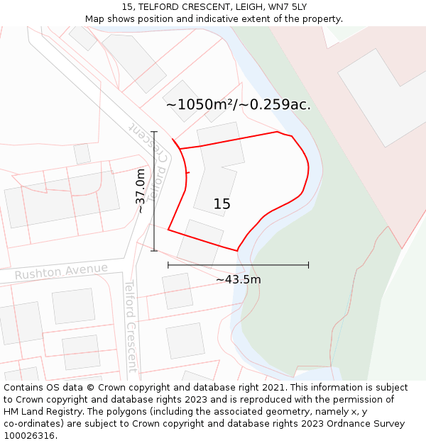 15, TELFORD CRESCENT, LEIGH, WN7 5LY: Plot and title map