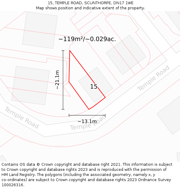 15, TEMPLE ROAD, SCUNTHORPE, DN17 1WE: Plot and title map