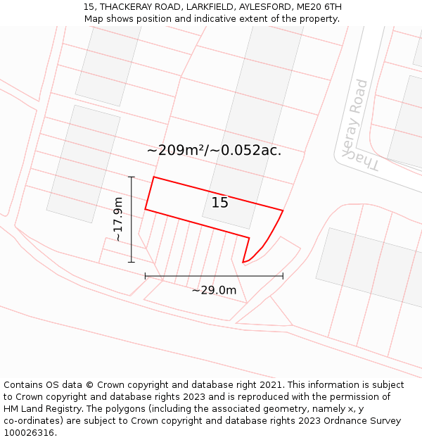 15, THACKERAY ROAD, LARKFIELD, AYLESFORD, ME20 6TH: Plot and title map