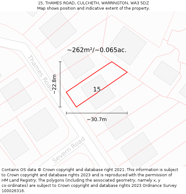 15, THAMES ROAD, CULCHETH, WARRINGTON, WA3 5DZ: Plot and title map