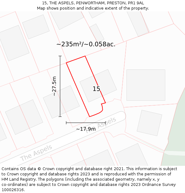 15, THE ASPELS, PENWORTHAM, PRESTON, PR1 9AL: Plot and title map