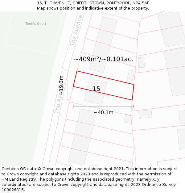 15, THE AVENUE, GRIFFITHSTOWN, PONTYPOOL, NP4 5AF: Plot and title map