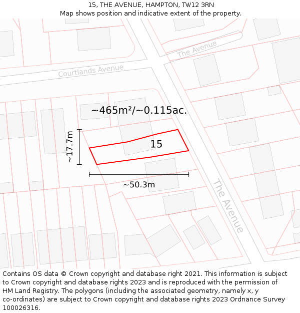 15, THE AVENUE, HAMPTON, TW12 3RN: Plot and title map