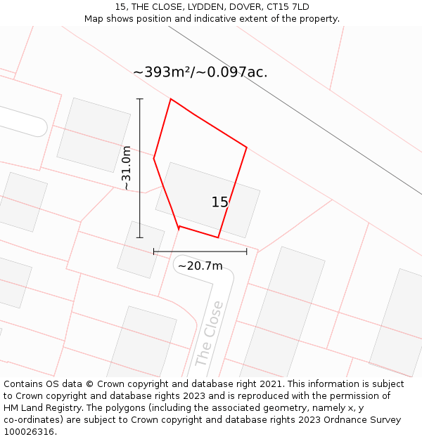15, THE CLOSE, LYDDEN, DOVER, CT15 7LD: Plot and title map