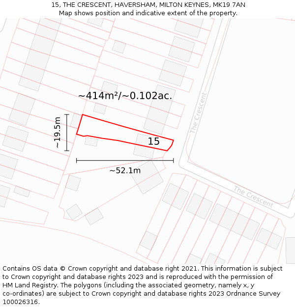 15, THE CRESCENT, HAVERSHAM, MILTON KEYNES, MK19 7AN: Plot and title map