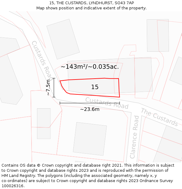 15, THE CUSTARDS, LYNDHURST, SO43 7AP: Plot and title map