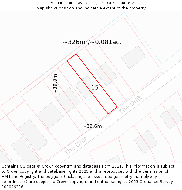 15, THE DRIFT, WALCOTT, LINCOLN, LN4 3SZ: Plot and title map
