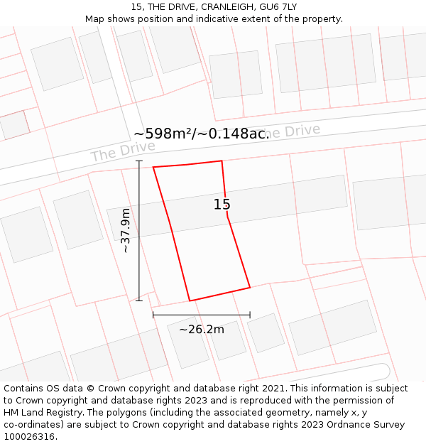 15, THE DRIVE, CRANLEIGH, GU6 7LY: Plot and title map