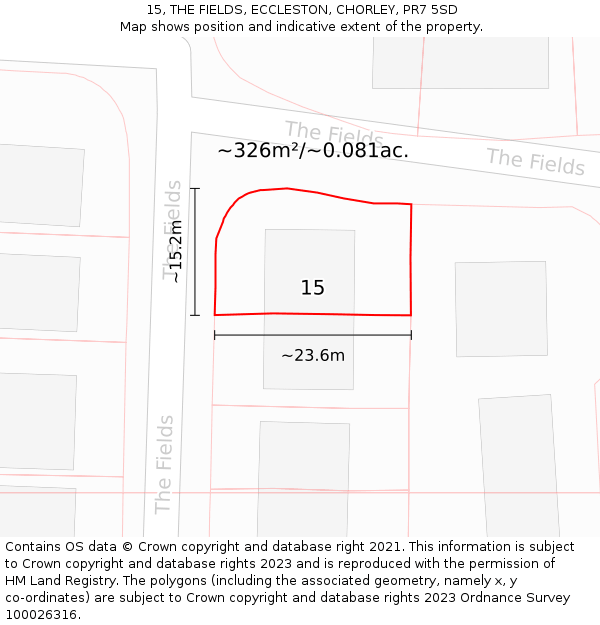 15, THE FIELDS, ECCLESTON, CHORLEY, PR7 5SD: Plot and title map