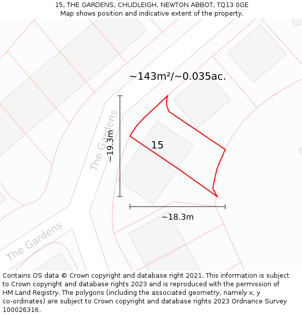 15, THE GARDENS, CHUDLEIGH, NEWTON ABBOT, TQ13 0GE: Plot and title map