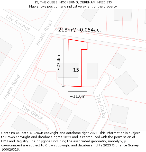15, THE GLEBE, HOCKERING, DEREHAM, NR20 3TX: Plot and title map