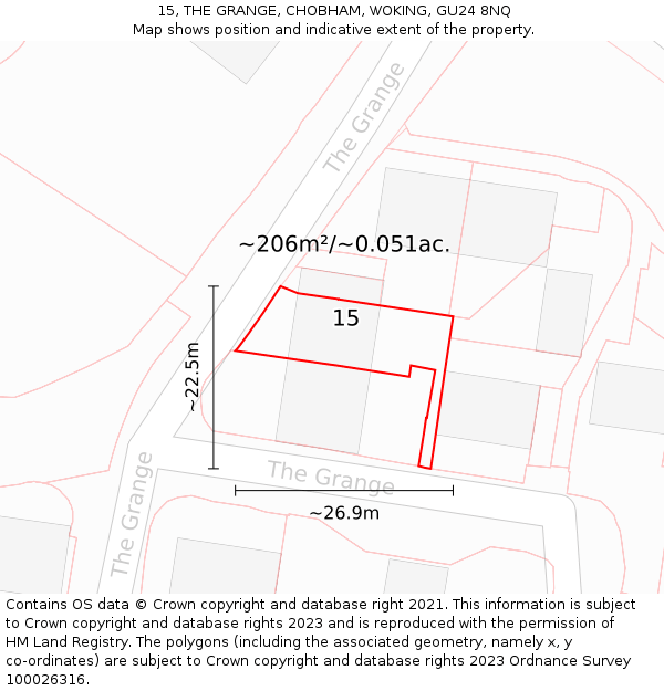 15, THE GRANGE, CHOBHAM, WOKING, GU24 8NQ: Plot and title map