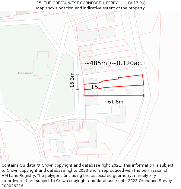 15, THE GREEN, WEST CORNFORTH, FERRYHILL, DL17 9JQ: Plot and title map