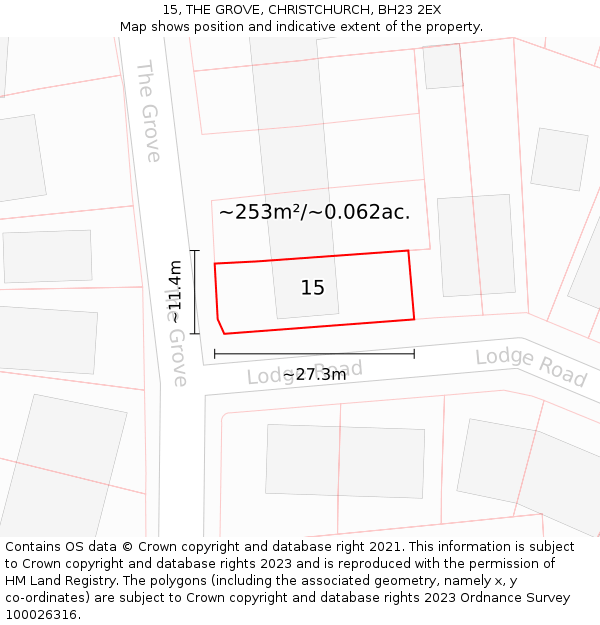 15, THE GROVE, CHRISTCHURCH, BH23 2EX: Plot and title map