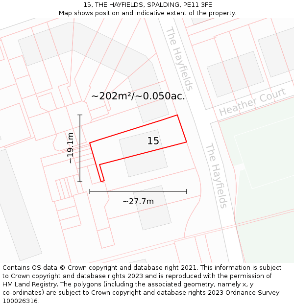 15, THE HAYFIELDS, SPALDING, PE11 3FE: Plot and title map