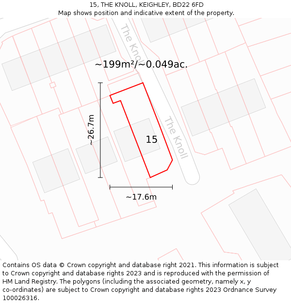 15, THE KNOLL, KEIGHLEY, BD22 6FD: Plot and title map