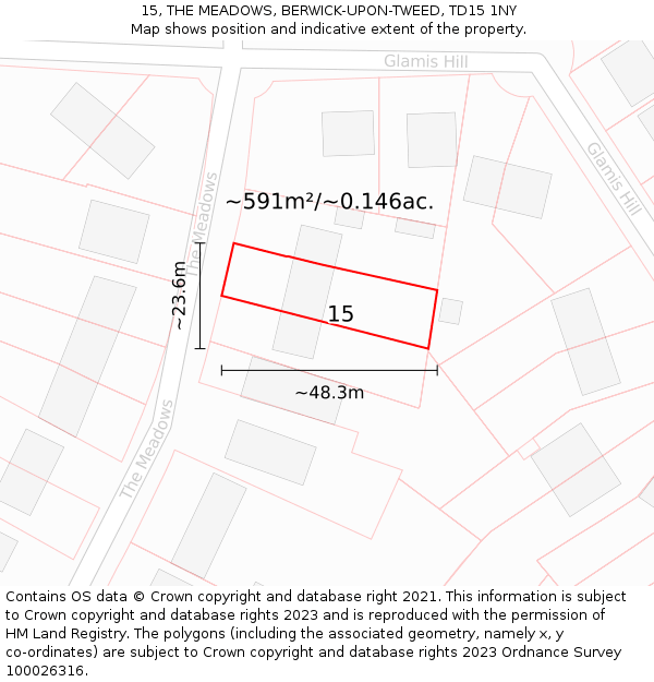 15, THE MEADOWS, BERWICK-UPON-TWEED, TD15 1NY: Plot and title map