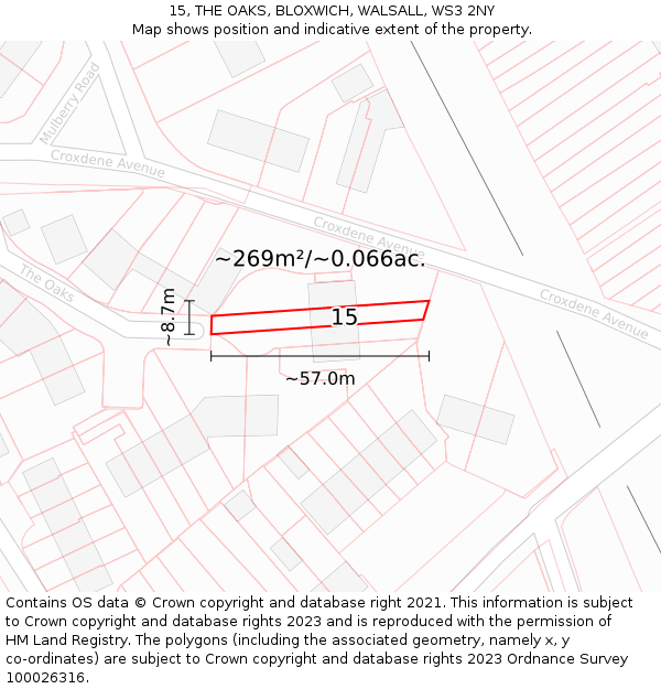 15, THE OAKS, BLOXWICH, WALSALL, WS3 2NY: Plot and title map