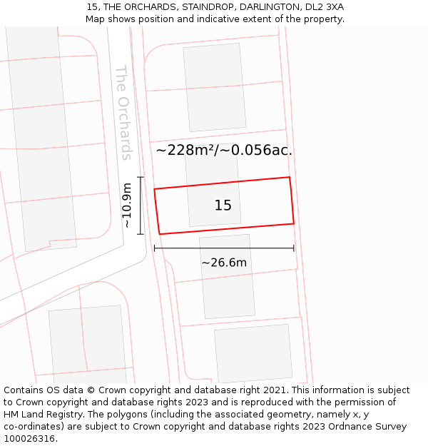 15, THE ORCHARDS, STAINDROP, DARLINGTON, DL2 3XA: Plot and title map