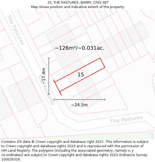 15, THE PASTURES, BARRY, CF62 9ET: Plot and title map