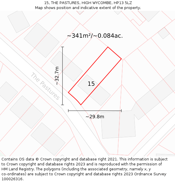 15, THE PASTURES, HIGH WYCOMBE, HP13 5LZ: Plot and title map