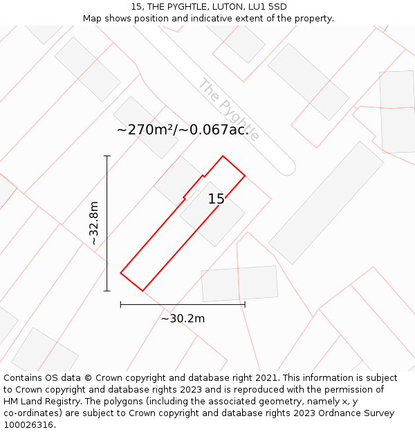15, THE PYGHTLE, LUTON, LU1 5SD: Plot and title map